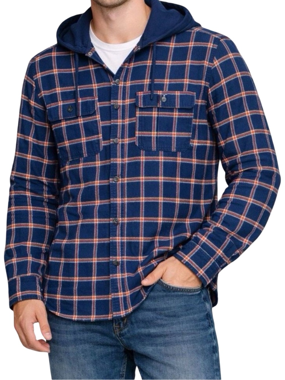 Original Use Navy Plaid Hooded Button Down Shirt - Size Medium